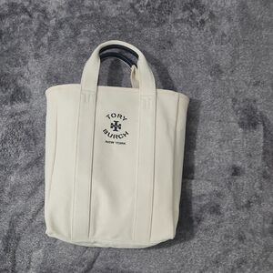 Tory Burch Cream Canvas Tote with Navy Leather Handles